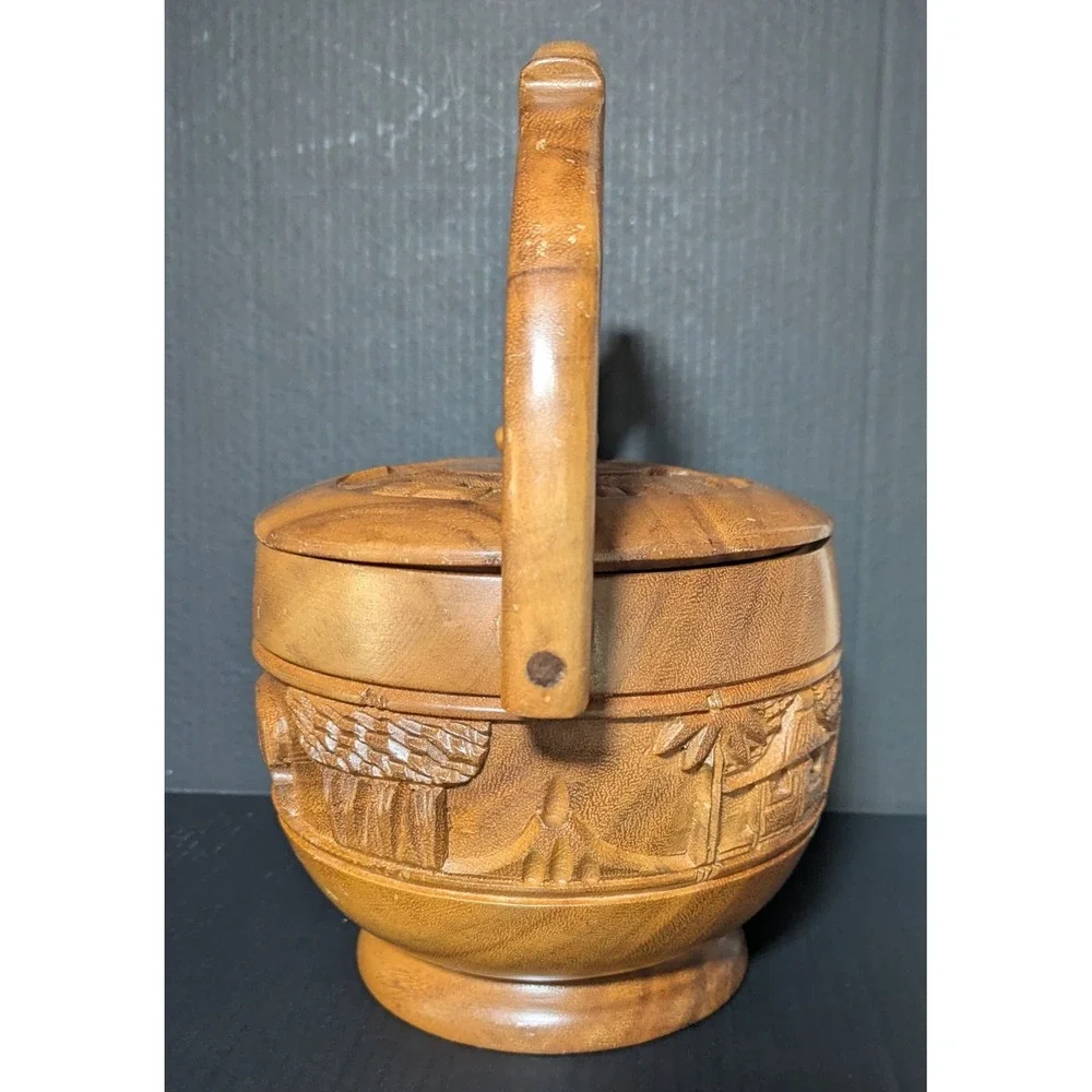 Vintage Hand Carved Teak‎ Wood Bucket With Handle Rural Farming Scene